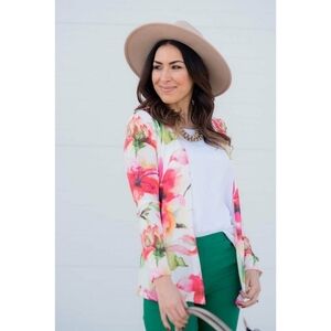 Chris‎ & Carol Floral Open Front Duster Cardigan Multicolored